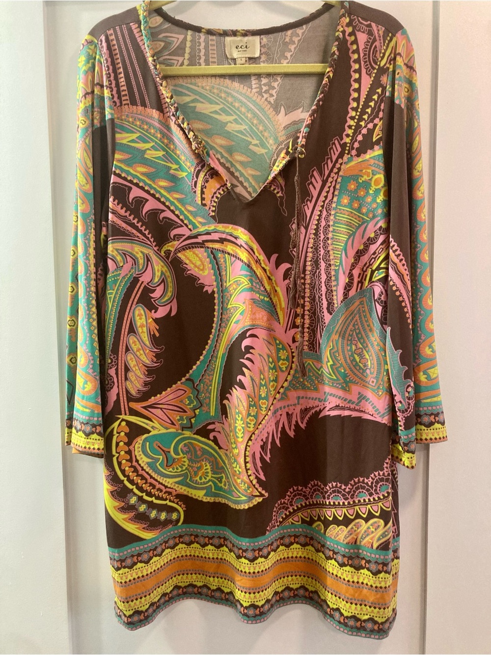 ECI Multicolor Paisley Tunic Dress - Brown, Pink, Teal, Yellow & orange